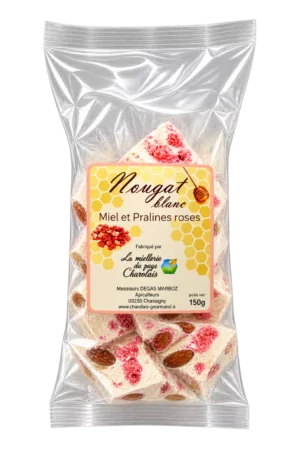 Nougat au Miel et Pralines Roses, La Miellerie du Pays Charolais — sachet 150 g
