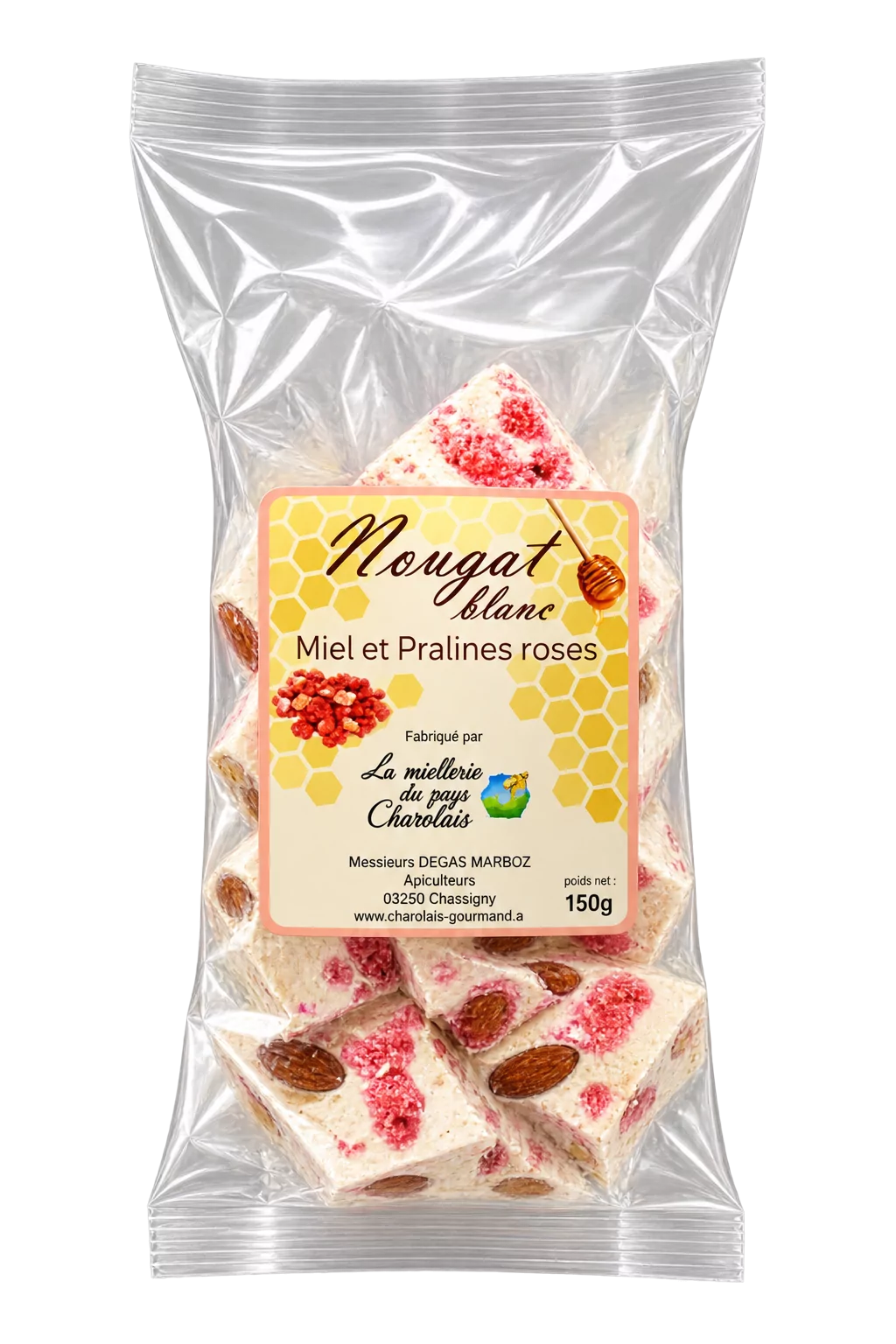 Nougat au Miel et Pralines Roses, La Miellerie du Pays Charolais — sachet 150 g